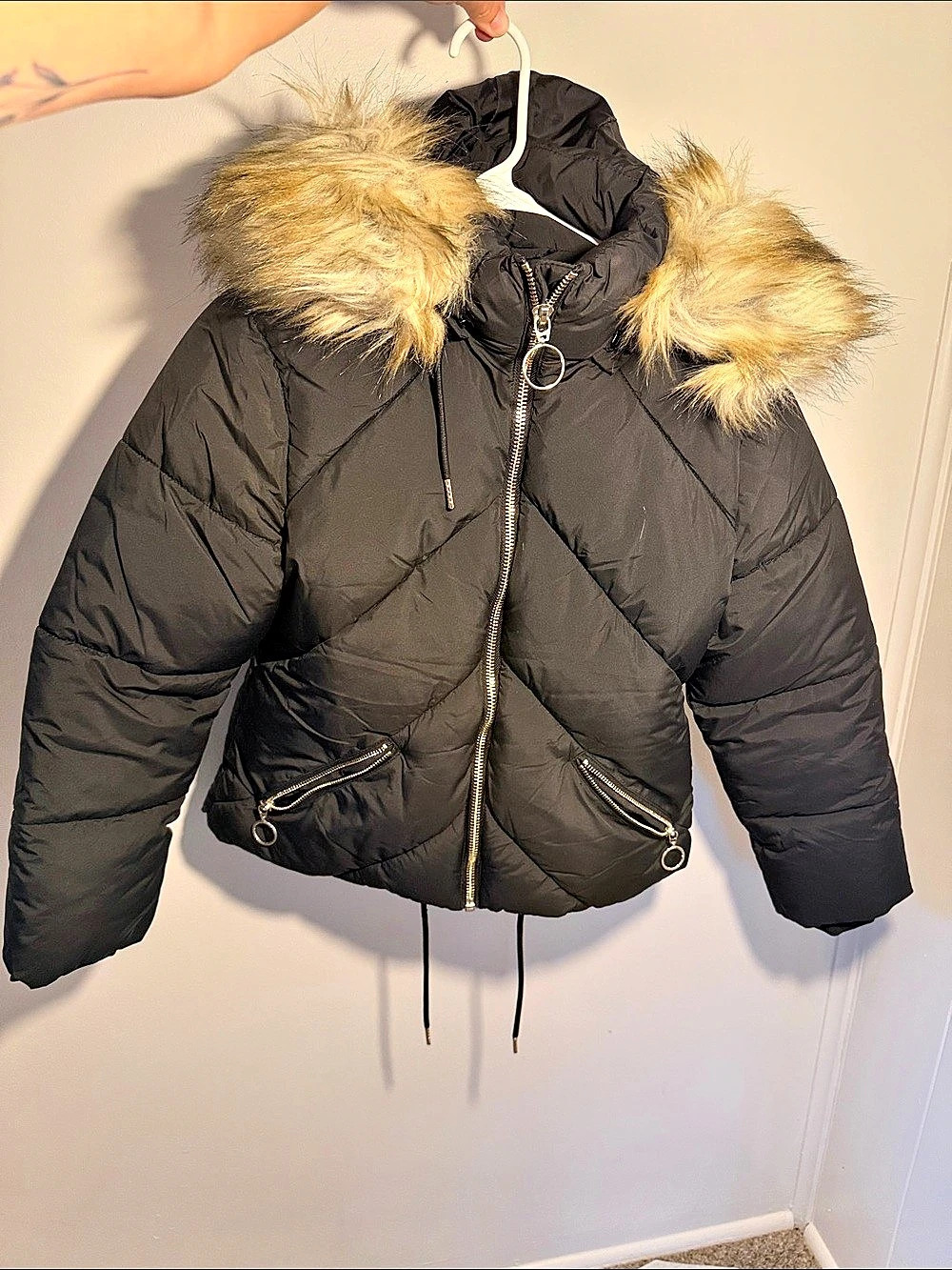 TOPSHOP Petite Faux Fur Trim Puffer Jacket Black Medium